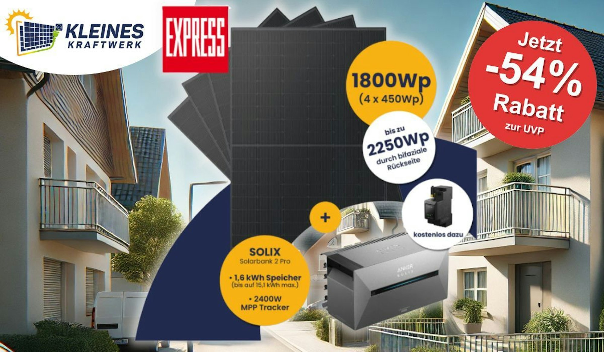 Balkonkraftwerk-Set Kleines Kraftwerk Quattro (4 × 450 Wp Full-Black Module) mit integrierter Anker Solarbank 2 E1600 Pro vor einer Wohnsiedlung mit Reihenhäusern in einem Vorort.