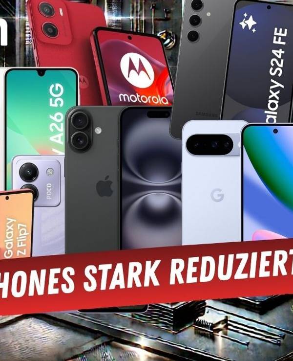 Smartphones von verschiedenen Marken wie Apple, Samsung, Motorola, Xiaomi und mehr vor einem technischen Hintergrund mit Platinen und Schaltkreisen.