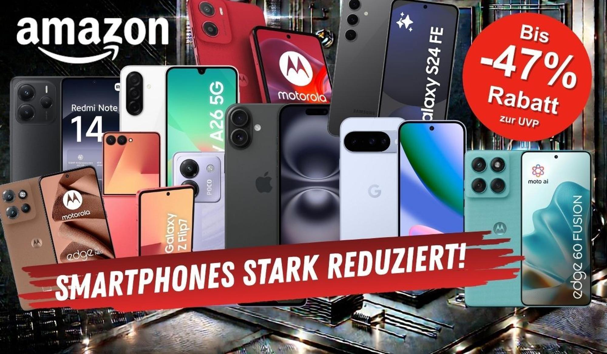 Smartphones von verschiedenen Marken wie Apple, Samsung, Motorola, Xiaomi und mehr vor einem technischen Hintergrund mit Platinen und Schaltkreisen.