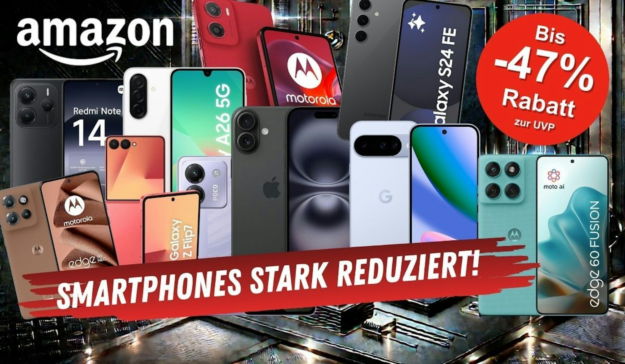 Smartphones von verschiedenen Marken wie Apple, Samsung, Motorola, Xiaomi und mehr vor einem technischen Hintergrund mit Platinen und Schaltkreisen.