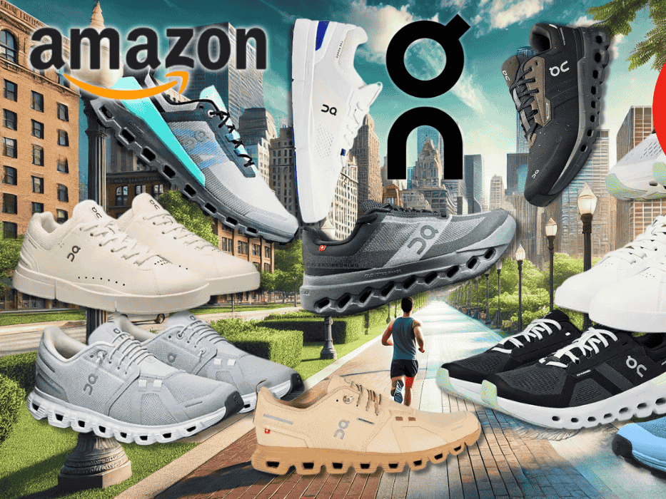 Verschiedene Modelle von ON-Sneakern und Laufschuhen, die in einer urbanen Parklandschaft mit Hochhäusern im Hintergrund präsentiert werden.