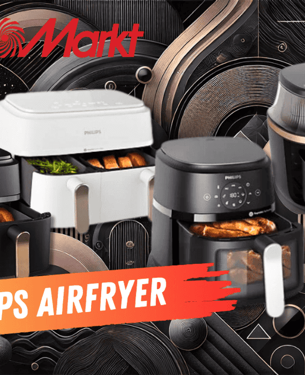 Verschiedene Philips Airfryer-Modelle in Schwarz und Weiß, die nebeneinander präsentiert werden.
