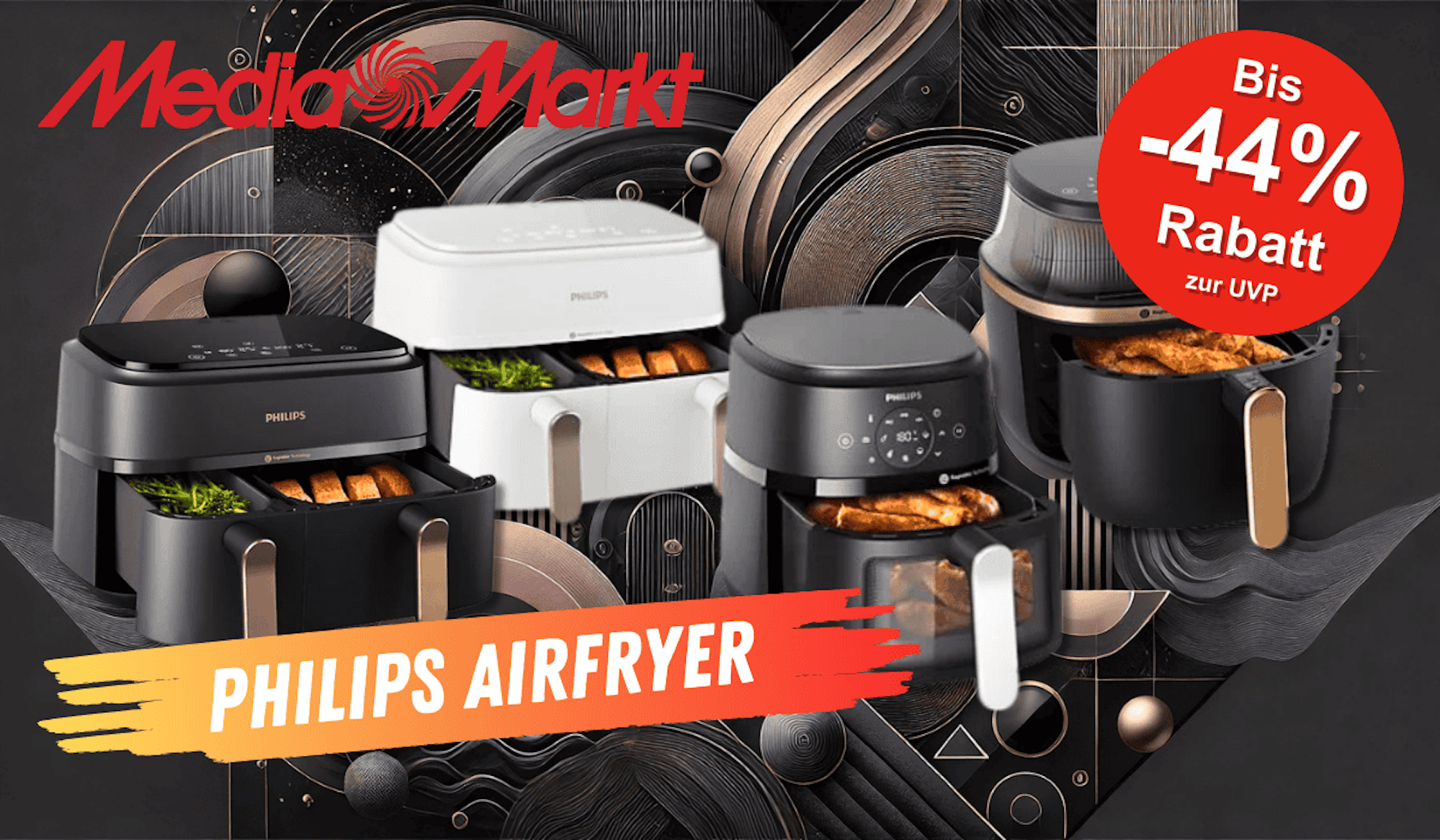 Verschiedene Philips Airfryer-Modelle in Schwarz und Weiß, die nebeneinander präsentiert werden.