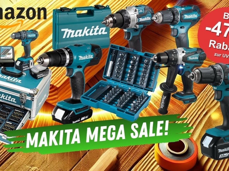 Makita Akku-Schlagbohrschrauber und Bohrschrauber mit Werkzeugkoffer und Zubehör vor einem Holzboden im Hintergrund.