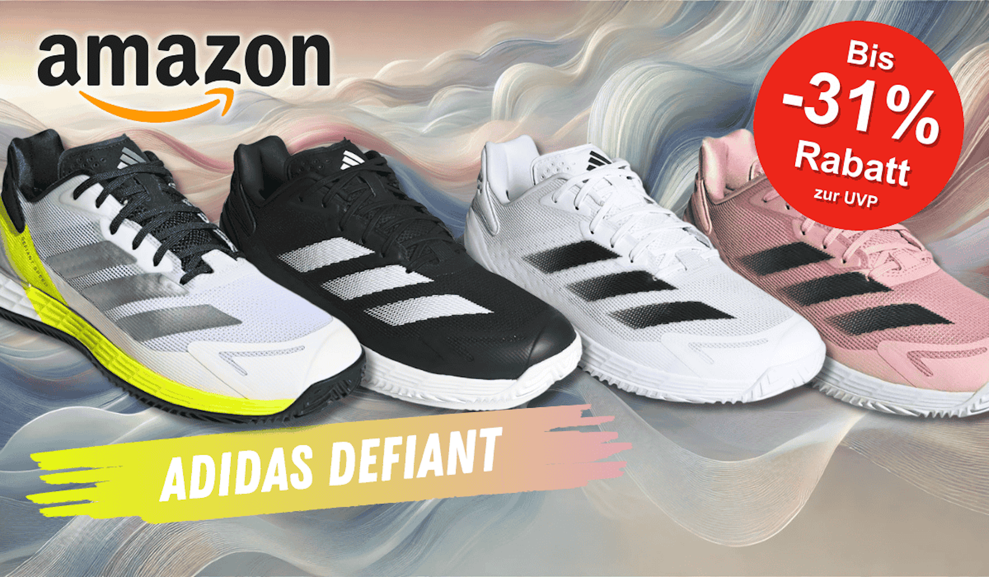 Adidas Defiant Speed 2 Sneaker in 4 verschiedenen Farben vor einem bunten Hintergrund.