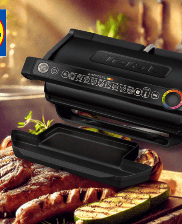 Darstellung des Tefal Optigrill XL vor einem Hintergrund, der einen gedeckten Tisch mit Essen im Garten zeigt.