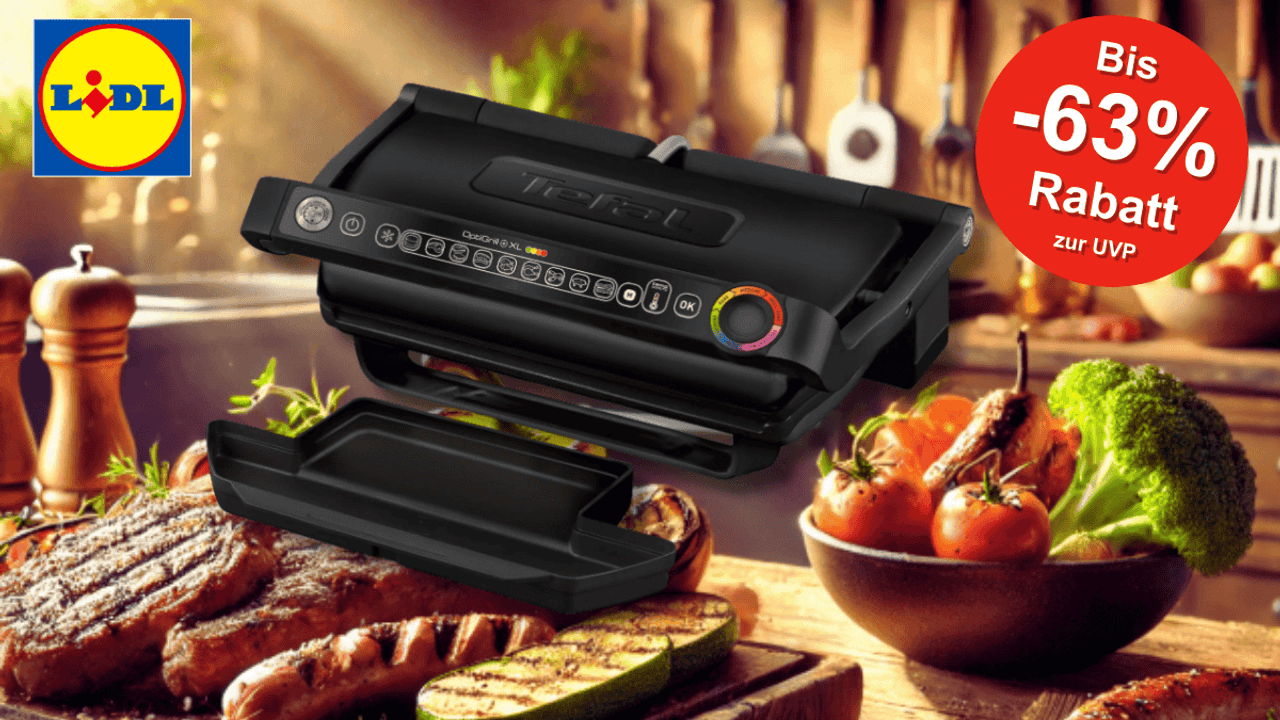 Darstellung des Tefal Optigrill XL vor einem Hintergrund, der einen gedeckten Tisch mit Essen im Garten zeigt.