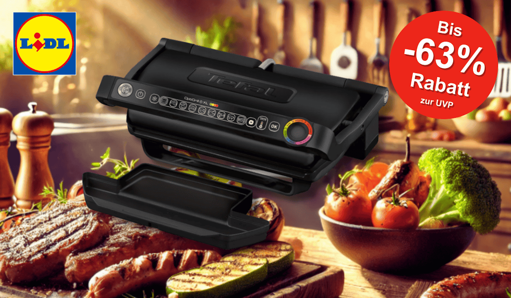 Darstellung des Tefal Optigrill XL vor einem Hintergrund, der einen gedeckten Tisch mit Essen im Garten zeigt.