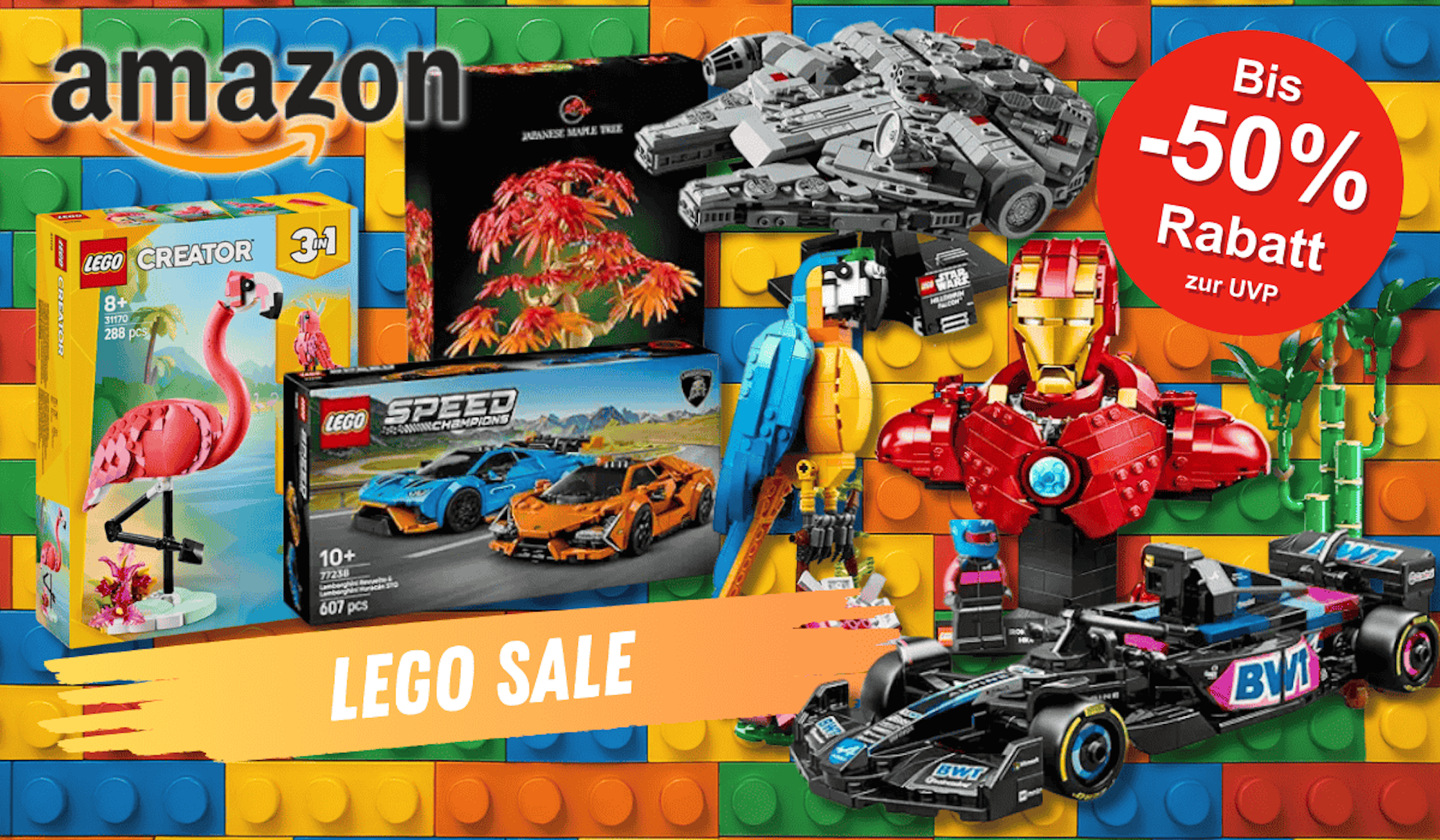Verschiedene LEGO-Sets wie LEGO Creator, LEGO Speed Champions, LEGO Star Wars sowie weitere Modelle vor einem Hintergrund aus großen LEGO-Steinen.