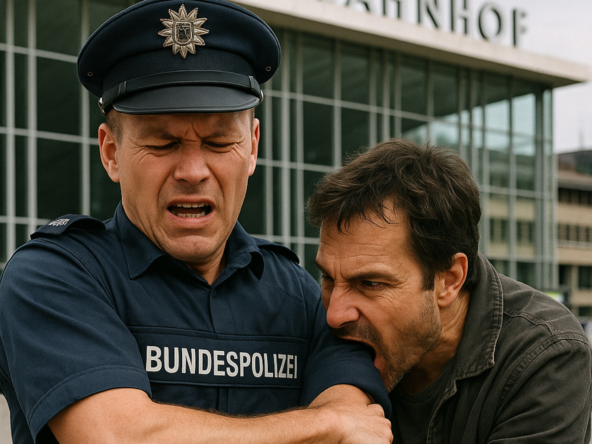 Das maschinell erstellte Bild von ChatGPT zeigt einen Mann, der einem Bundespolizisten am Kölner Hauptbahnhof in den Arm beißt.