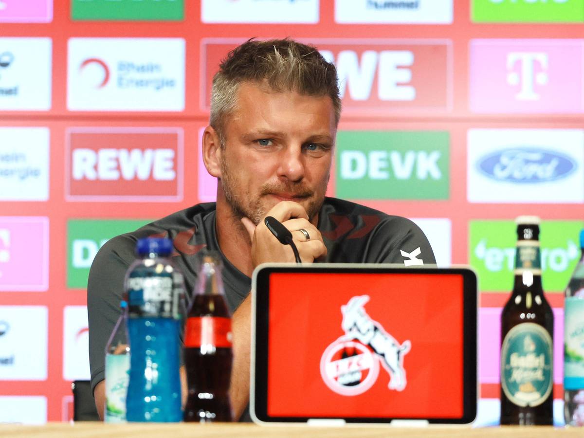 Lukas Kwasniok spricht bei einer Pressekonferenz des 1. FC Köln.