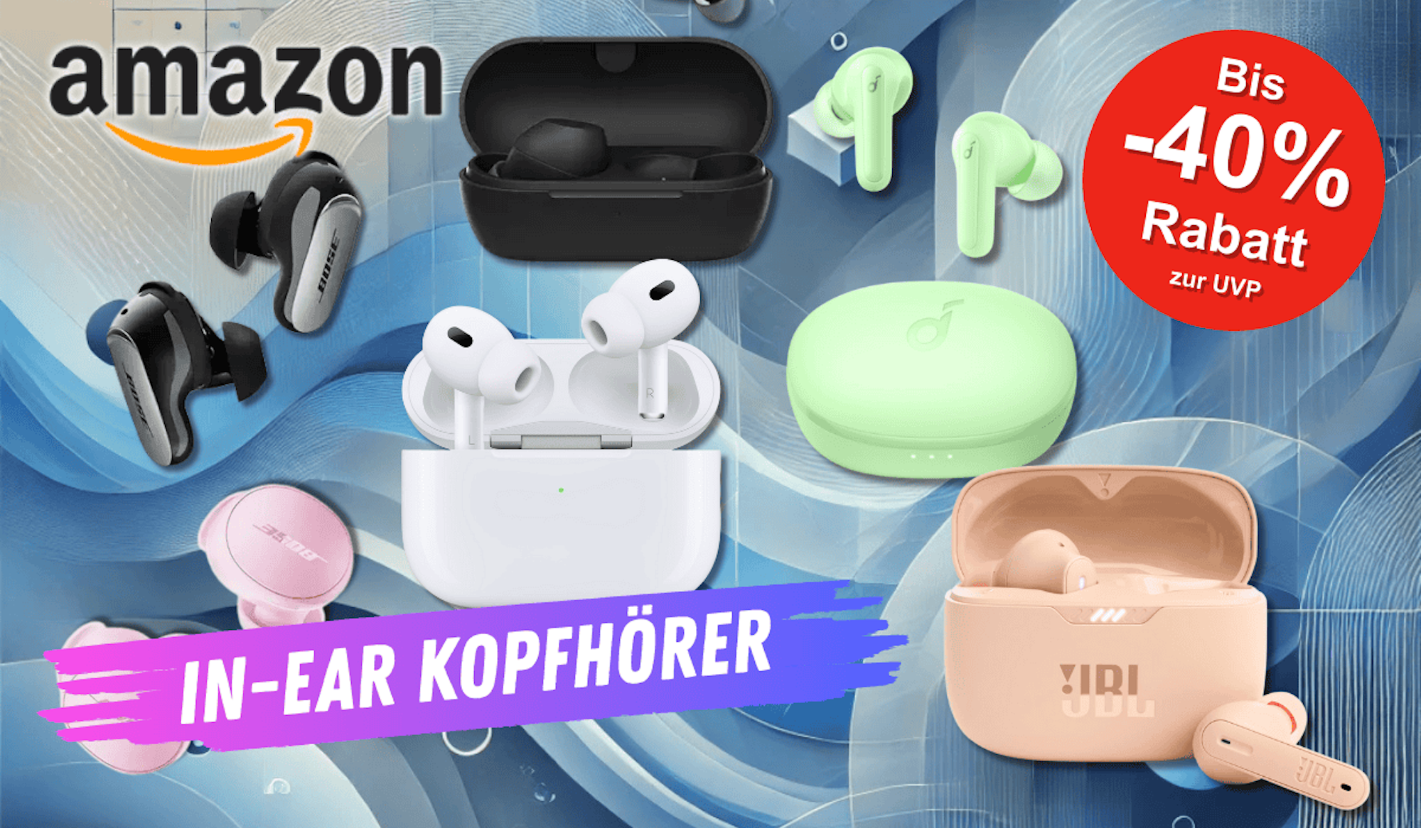Verschiedene In-Ear Kopfhörer von Bose, Apple, Sony, Soundcore und JBL vor einem blauen Hintergrund.