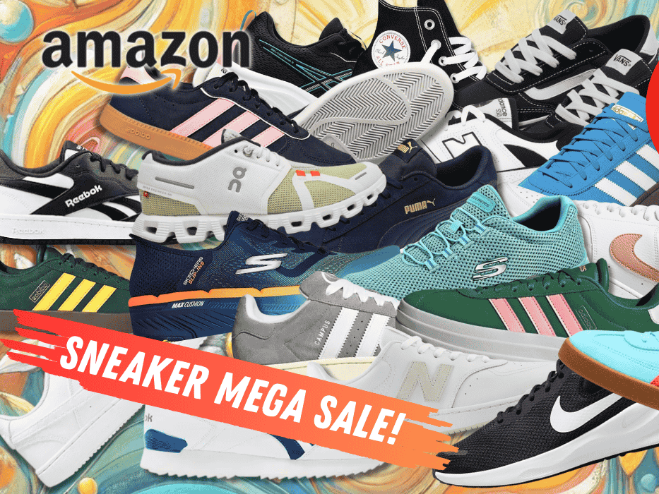 Darstellung verschiedener Sneaker Modelle von Marken wie adidas, On, Puma, Vans, Nike, Skechers, Converse und mehr vor einem bunten Hintergrund.