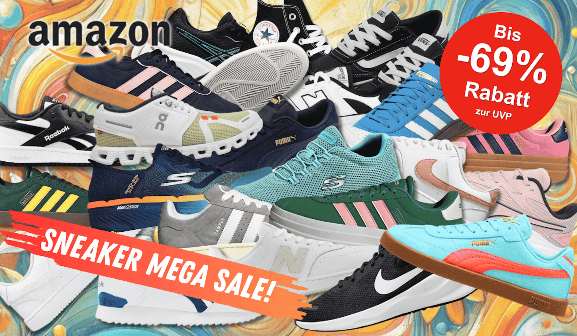 Darstellung verschiedener Sneaker Modelle von Marken wie adidas, On, Puma, Vans, Nike, Skechers, Converse und mehr vor einem bunten Hintergrund.