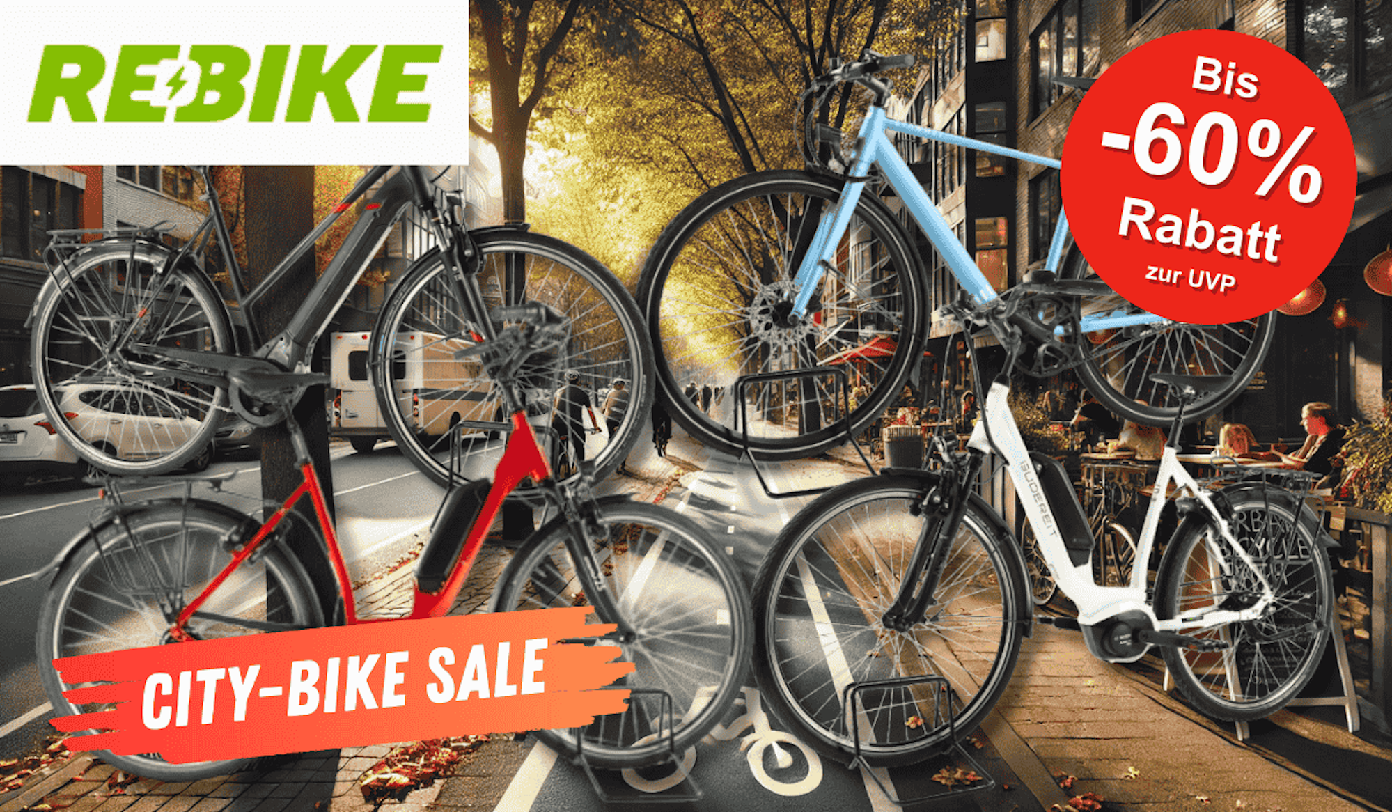 4 City E-Bikes vor einem Radweg in der Stadt.