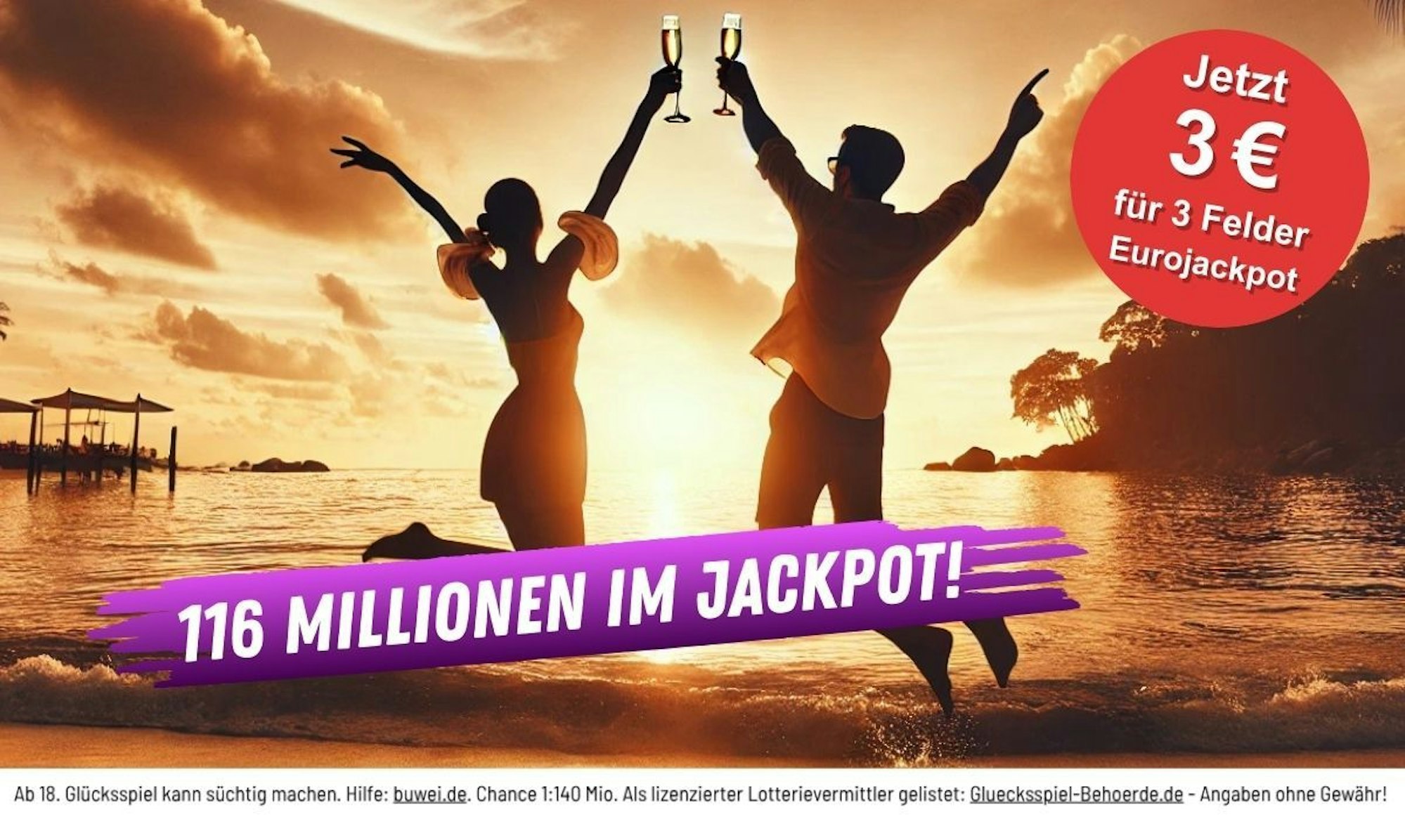 Eine Frau und ein Mann sind an einem Strand im Sonnenuntergang. Sie hüpfen euphorisch in die Luft und freuen sich. Beide halten ein Sektglas in der Hand. Darunter Schriftzug 116 Millionen im Eurojackpot.