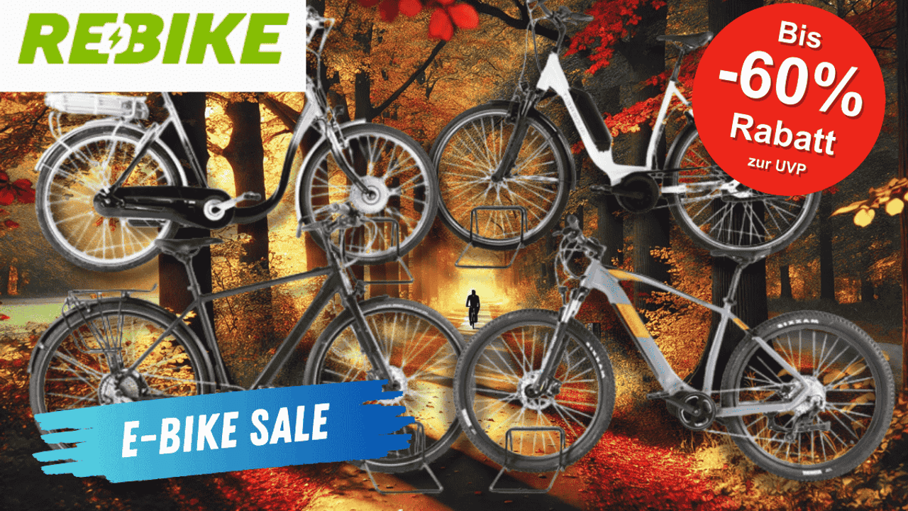 Darstellung von verschiedenen E-Bikes im Rebike Herbst Sale vor einem Hintergrund mit einem bunten Herbstwald.