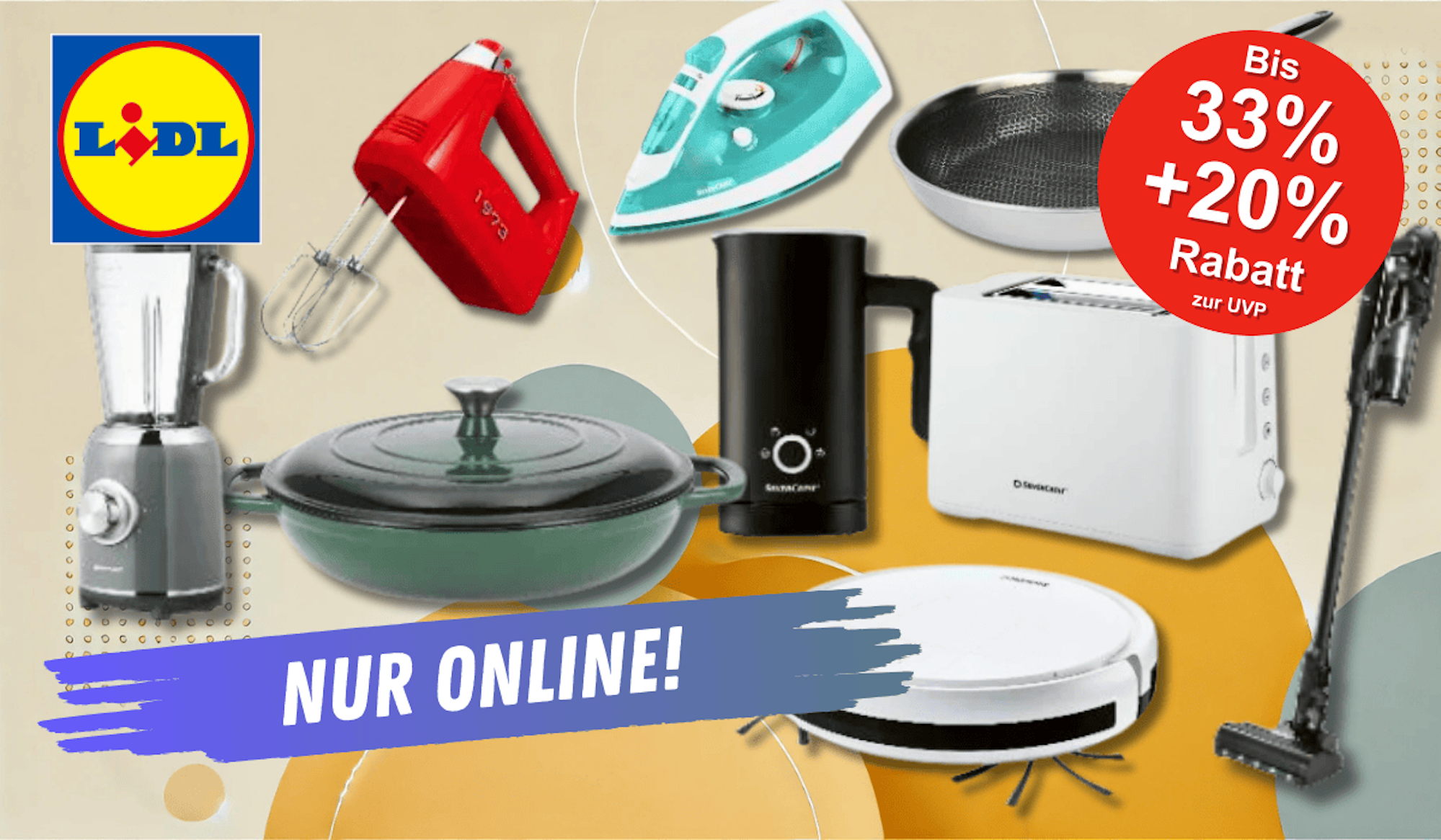 Verschiedene Küchen und Haushalts Produkte aus dem Lidl Onlineshop vor einem gelben Hintergrund.