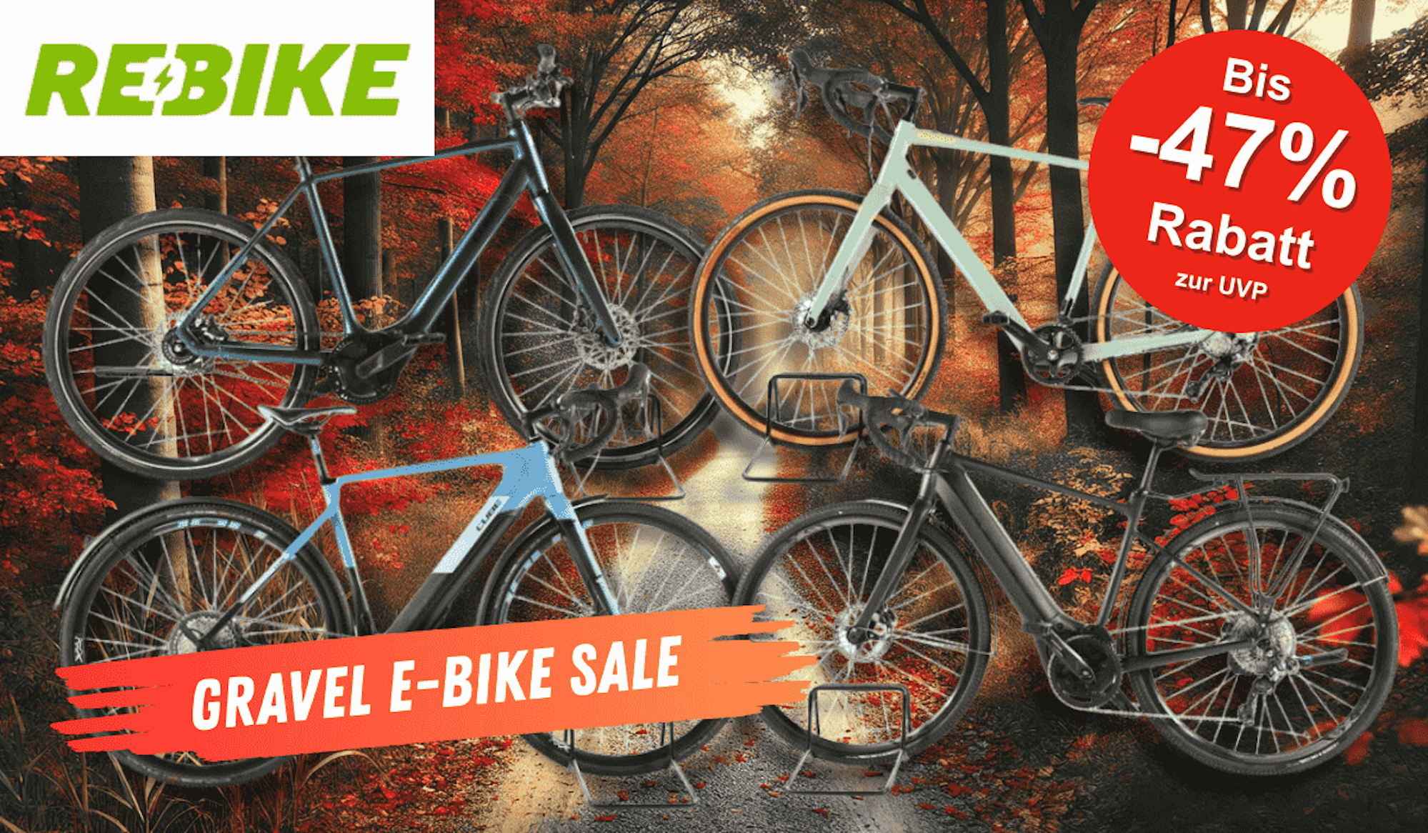 4 Verschiedene Gravel E-Bikes vor einem herbstlichen Radweg.