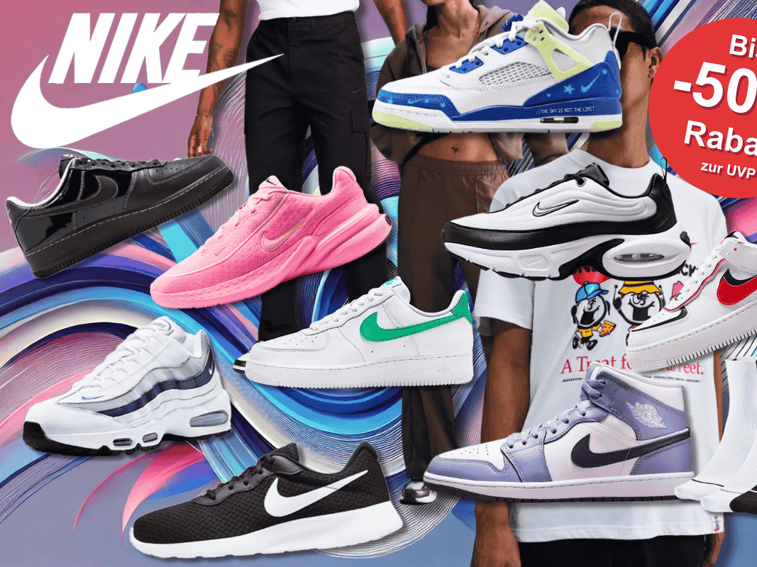 Nike Sneaker und Schuhe der Modellreihen Tanjun, Uplift SC, Nike Dunk High, Air Force 1, Dunk Low, Air Jordan und verschiedene Bekleidung für Herren und Damen mit Fashion Models vor Hintergrund mit bunten, geometrischen Flächen.