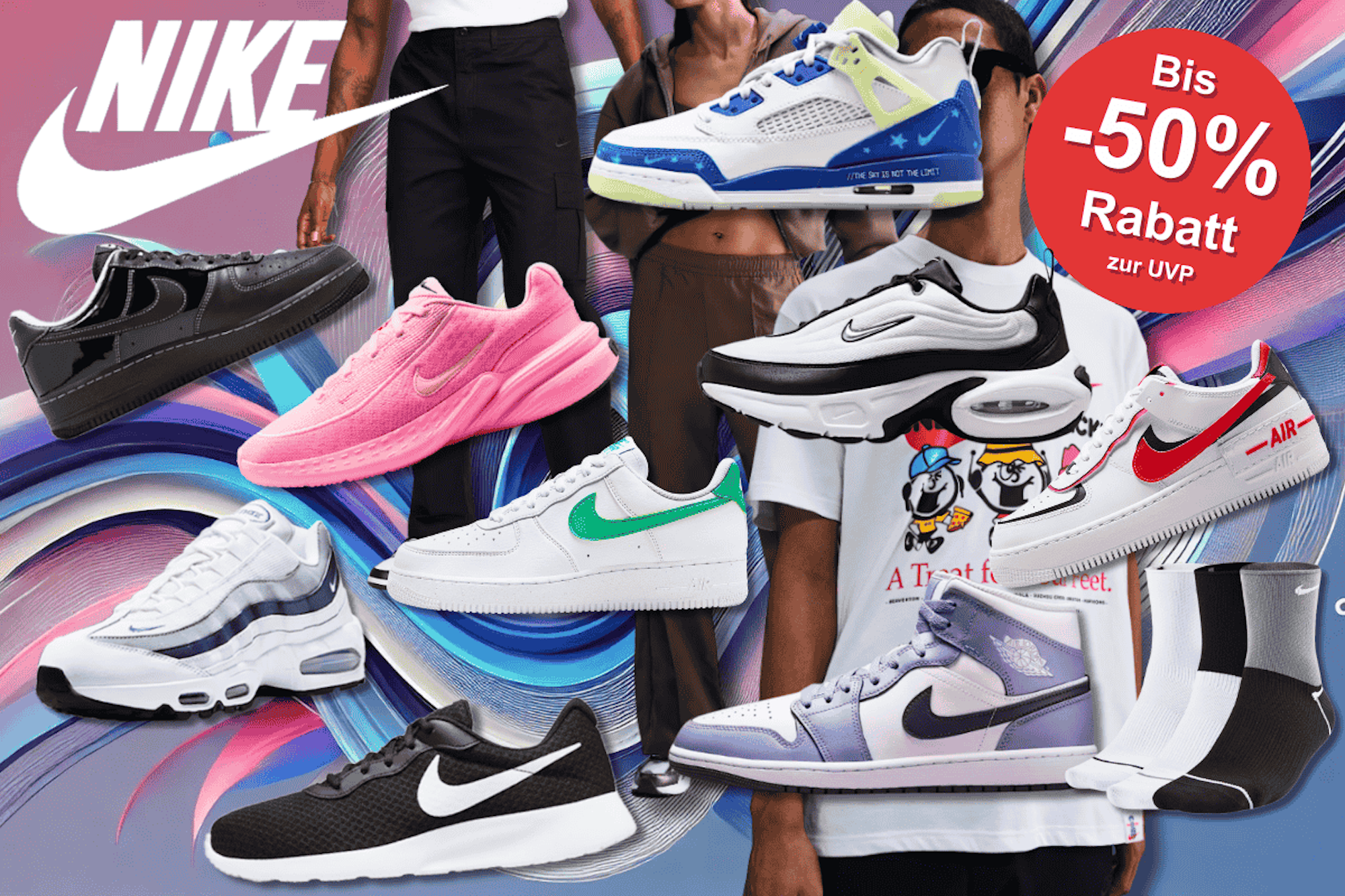 Nike Sneaker und Schuhe der Modellreihen Tanjun, Uplift SC, Nike Dunk High, Air Force 1, Dunk Low, Air Jordan und verschiedene Bekleidung für Herren und Damen mit Fashion Models vor Hintergrund mit bunten, geometrischen Flächen.