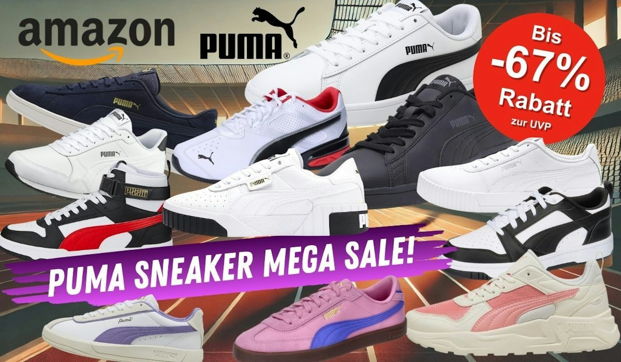 Puma Sneaker Modelle wie Smash V2, Cali, Carina, St Runner oder Caven 2.0 in verschiedenen Farben vor einem Sportstadion im Hintergrund.
