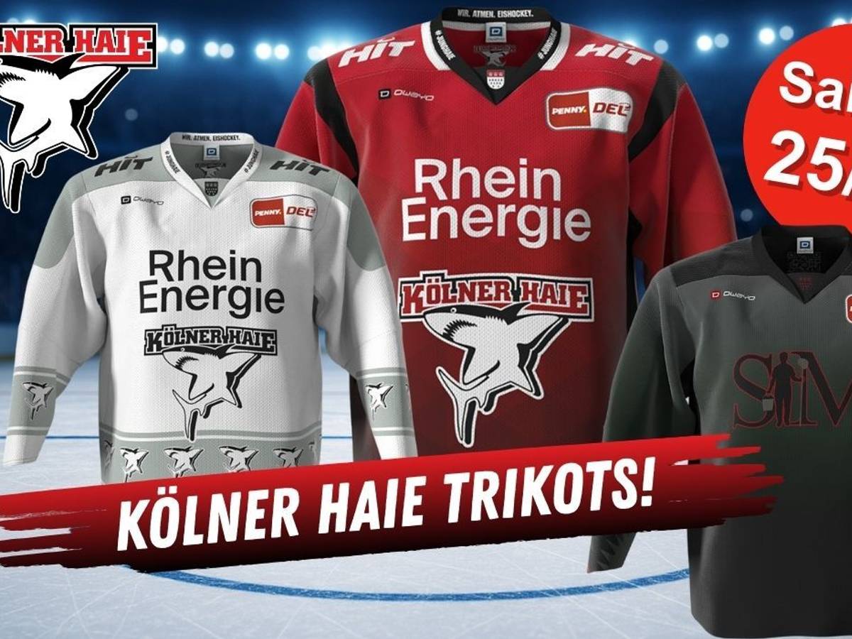 Im Hintergrund eine Eishockey-Halle, davor die Trikots der Kölner Haie der Saison 2025/26: Heimtrikot, Auswärtstrikot und Warm-Up-Trikot.