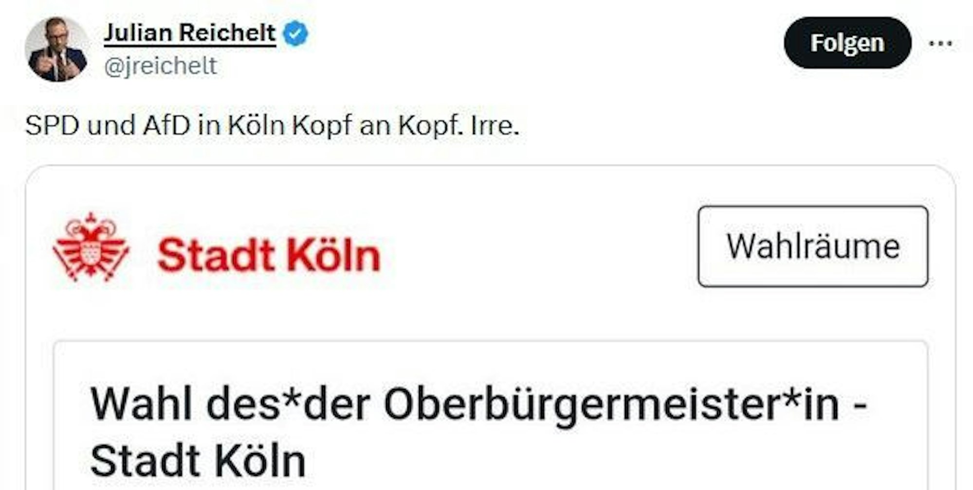 Ein Screenshot zeigt den X-Beitrag von Julian Reichelt. Der „Nius“-Chef nutzte eine Momentaufnahme der Auszählung, um einen AfD-Erfolg in Köln zu suggerieren.
