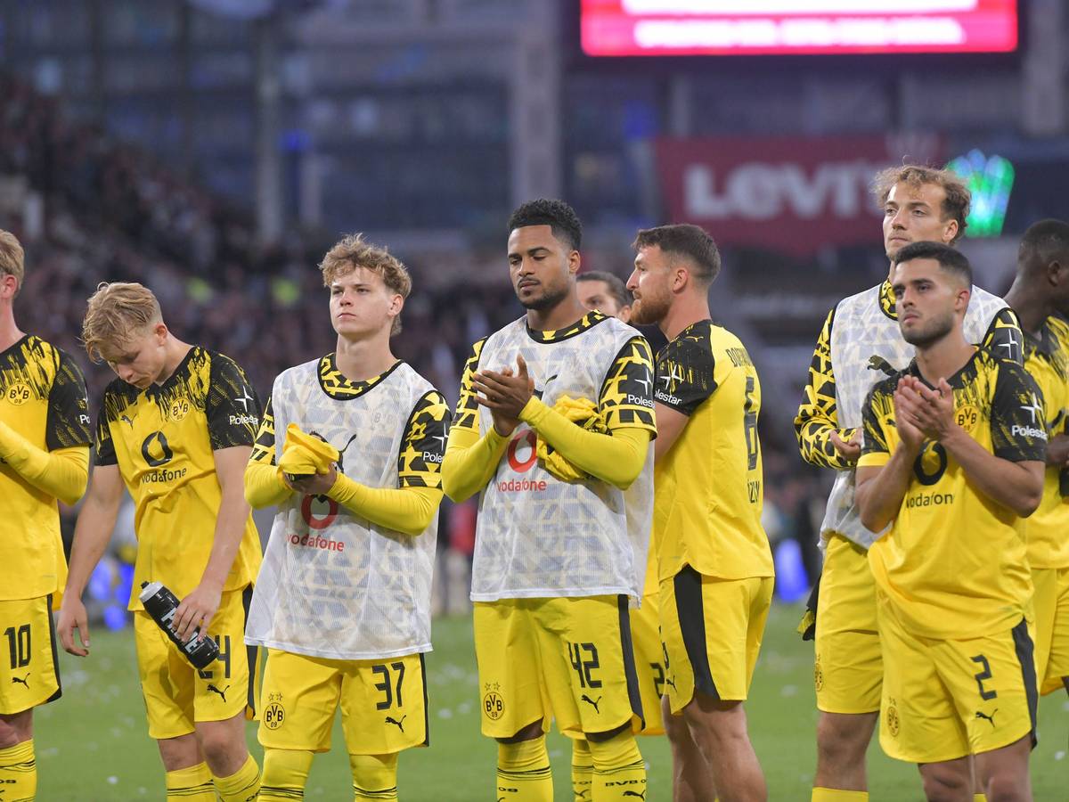 Die BVB-Profis stehen enttäuscht auf dem Platz und applaudieren den Fans.