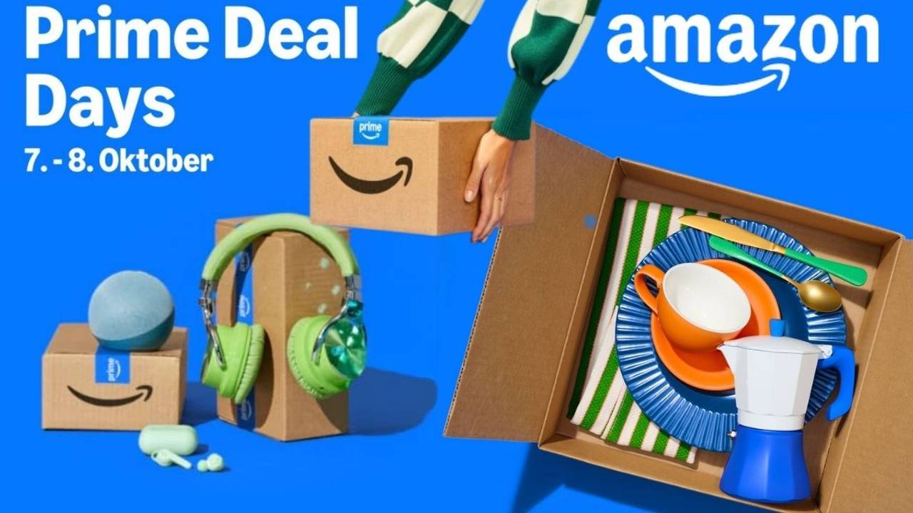 Prime Deal Days Ankündigung 7. und 8 Oktober mit Design von Amazon Paketen und Produkten auf blauem Hintergrund.