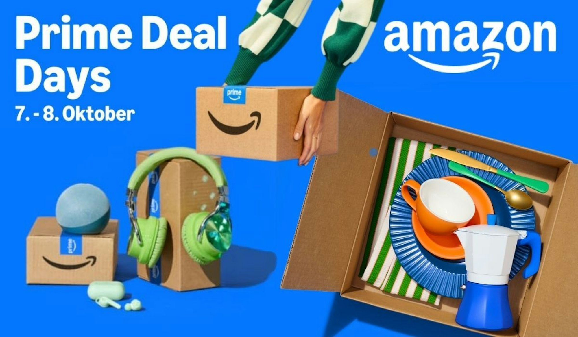 Prime Deal Days Ankündigung 7. und 8 Oktober mit Design von Amazon Paketen und Produkten auf blauem Hintergrund.