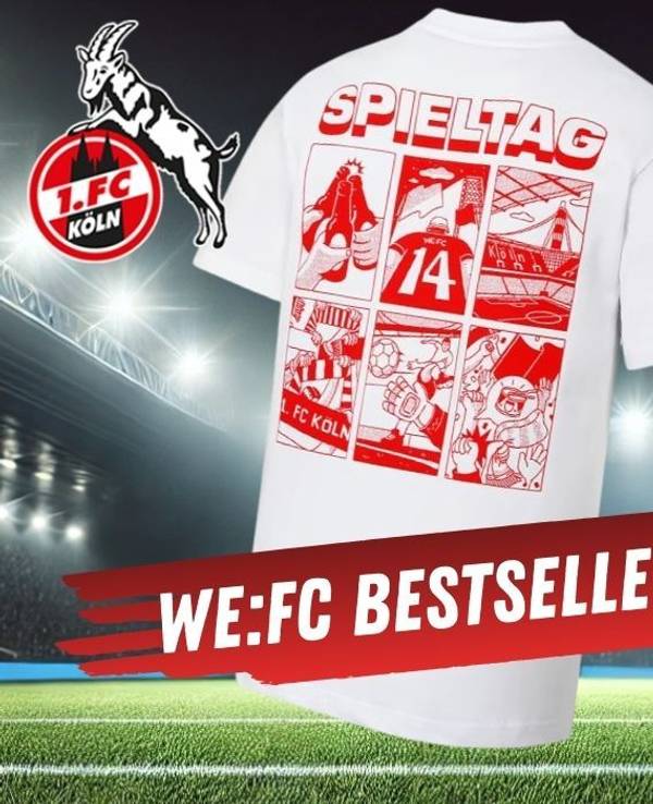 1. FC Köln T-Shirt WE:FC „Spieltag“ mit Rückenprint – im Hintergrund ein Fußballstadion bei Dunkelheit mit Flutlichtern.