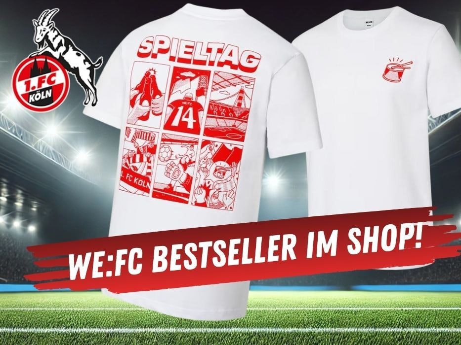 1. FC Köln T-Shirt WE:FC „Spieltag“ mit Rückenprint – im Hintergrund ein Fußballstadion bei Dunkelheit mit Flutlichtern.