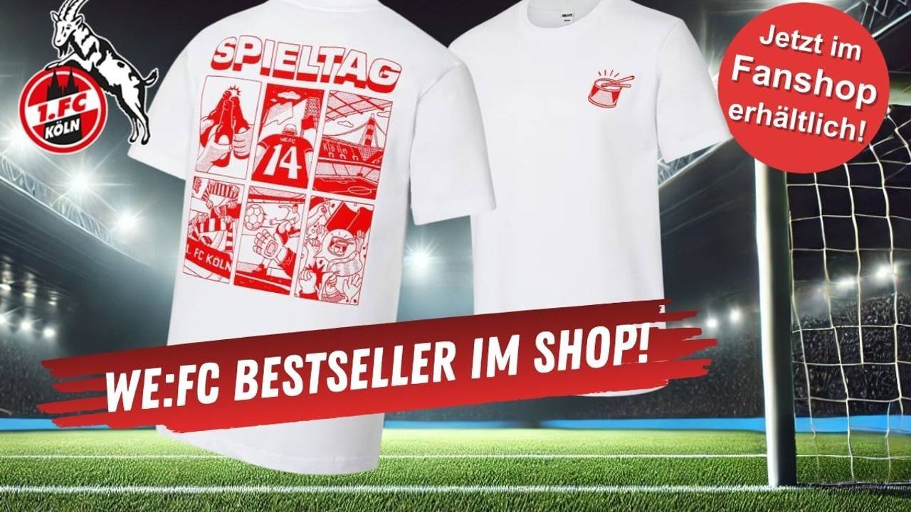 1. FC Köln T-Shirt WE:FC „Spieltag“ mit Rückenprint – im Hintergrund ein Fußballstadion bei Dunkelheit mit Flutlichtern.