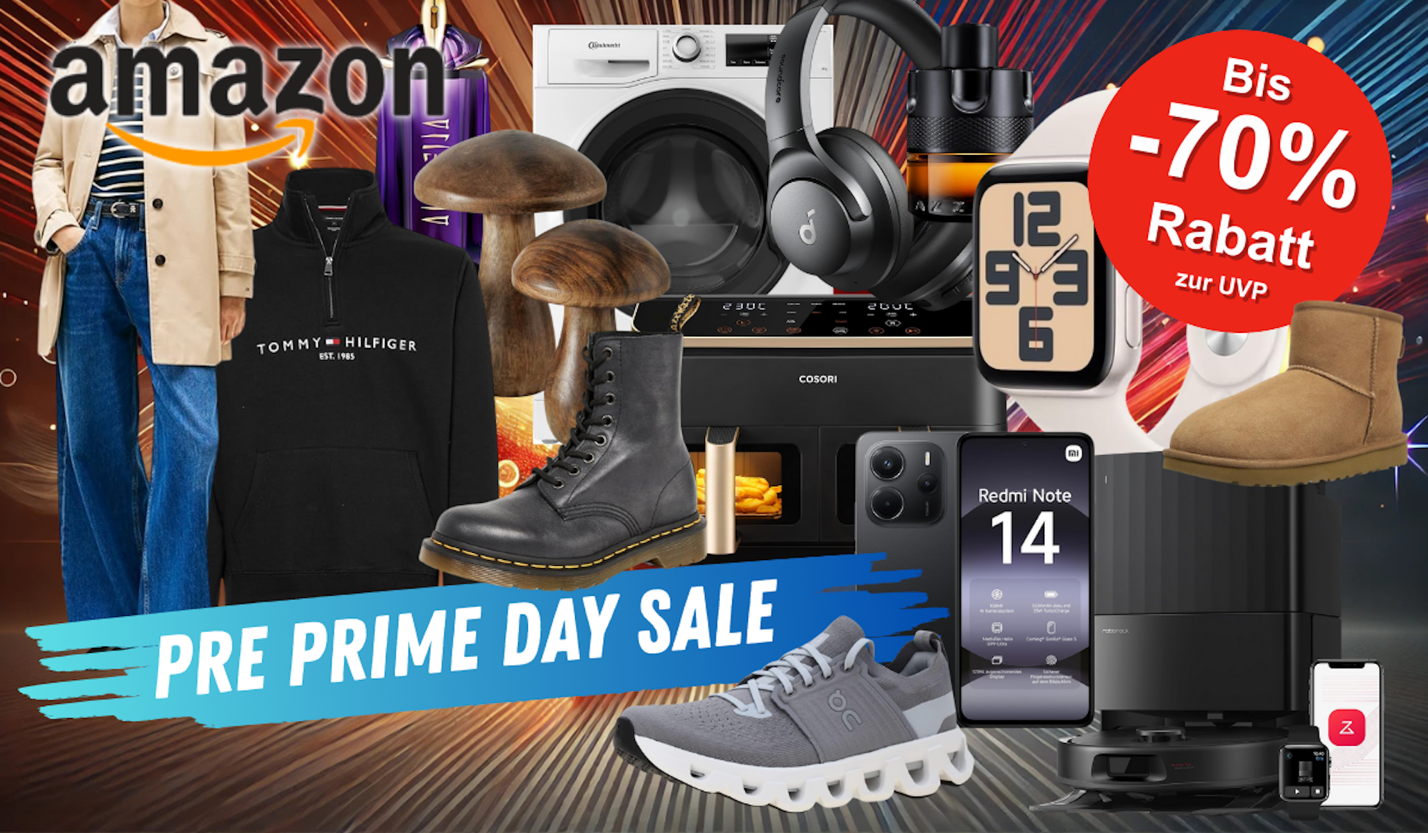 Darstellung verschiedener Produkte wie Tommy Hilfiger Trenchcoat und Pullover, on Sneaker, Dr Martens und Ugg Boots, Apple Watch, Cosori Airfryer und mehr vor einem Hintergrund mit Lichteffekten.