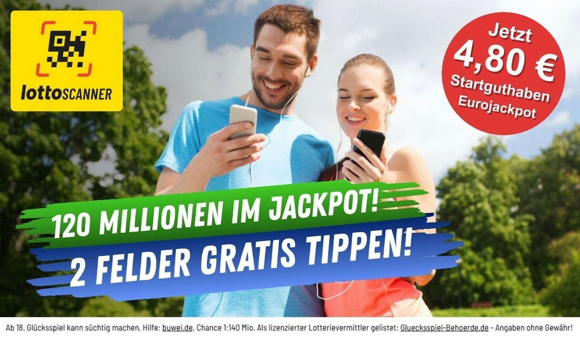 Ein junger Mann und eine junge Frau stehen mit Handy im Park. Schriftzug 120 Millionen im Jackpot. Im Bild das Logo von Lotto Scanner.