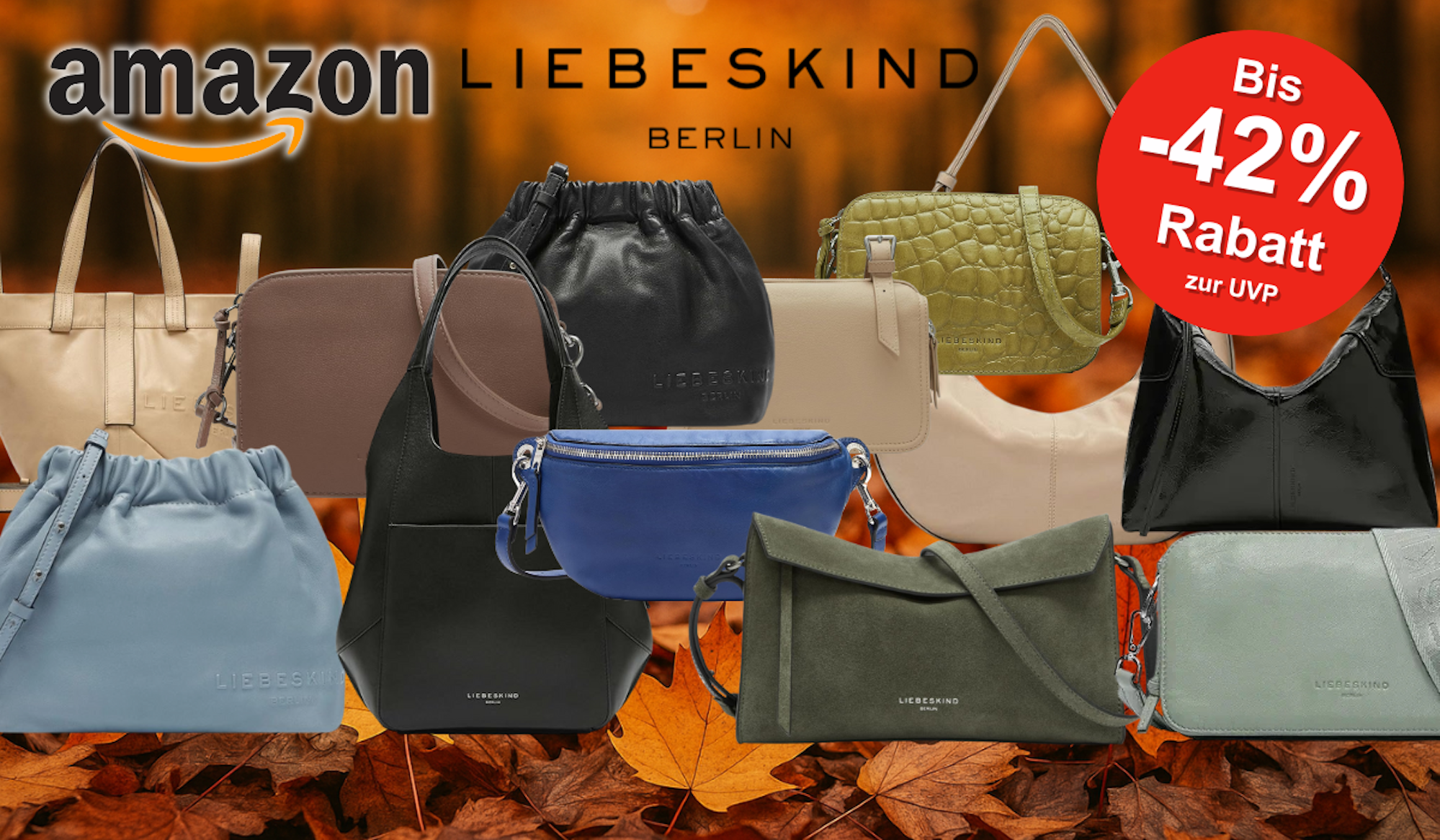 Darstellung verschiedener Liebeskind Berlin Handtaschen vor einem herbstlichen Hintergrund.