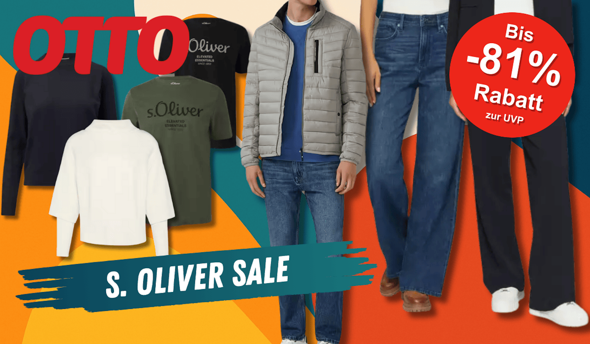 Verschiedene Kleidungsstücke wie Pullover, T-Shirts, Jeans und Jacken vor einem bunten Hintergrund.
