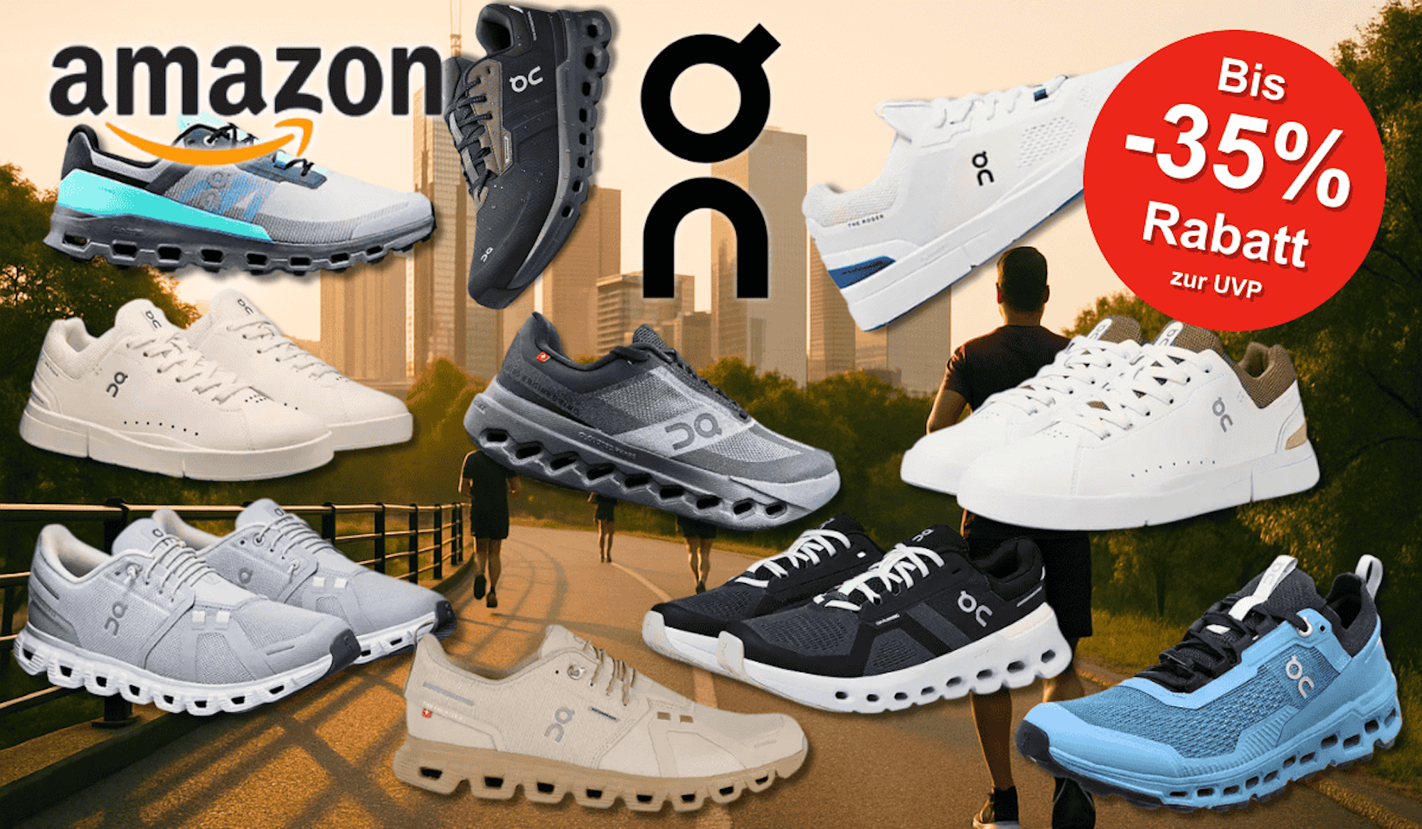 Verschiedene Modelle von ON-Sneakern und Laufschuhen, die in einer urbanen Parklandschaft mit Hochhäusern im Hintergrund präsentiert werden.