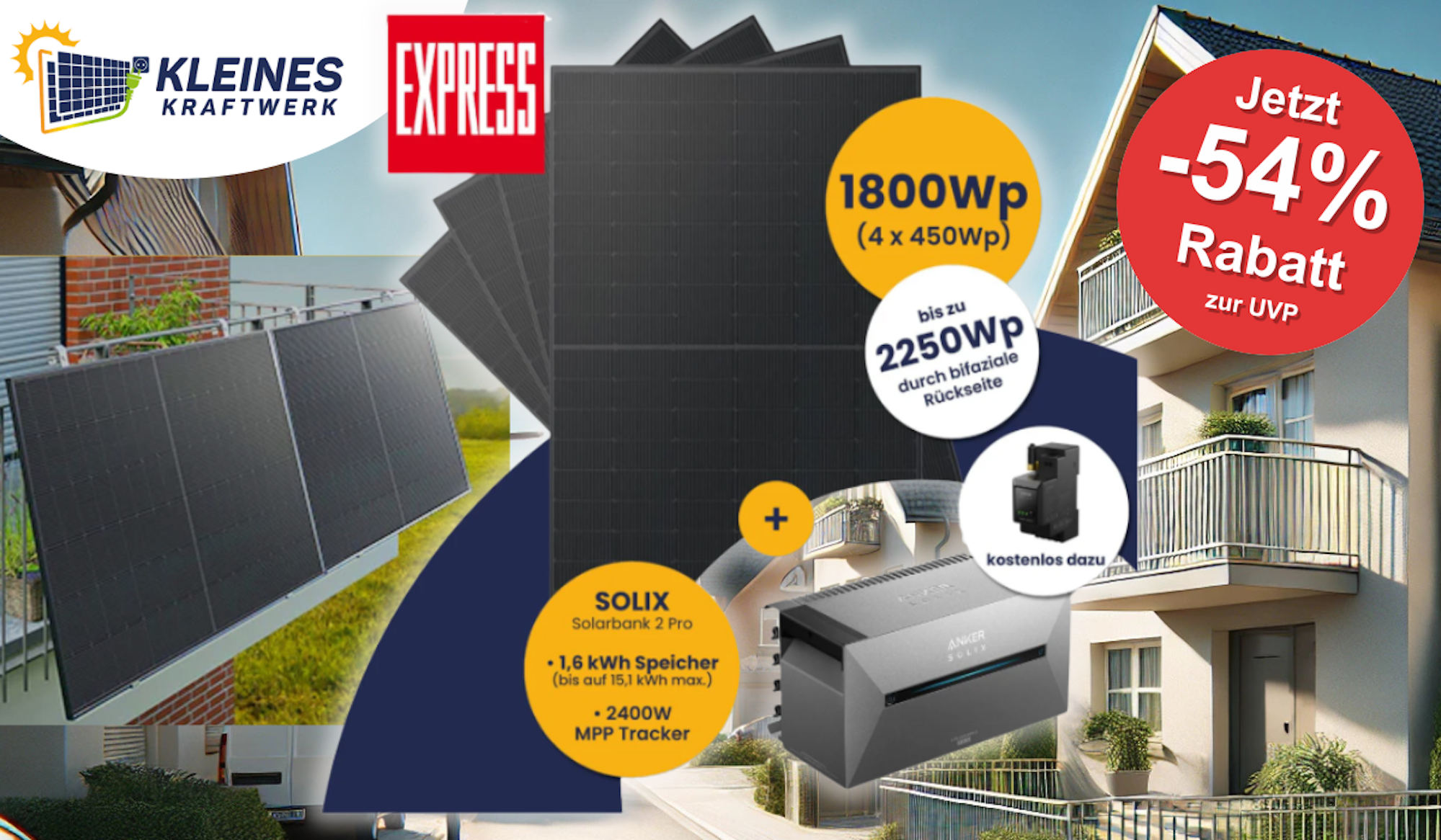 Balkonkraftwerk-Set Kleines Kraftwerk Quattro (4 × 450 Wp Full-Black Module) mit integrierter Anker Solarbank 2 E1600 Pro vor einer Wohnsiedlung mit Reihenhäusern in einem Vorort.
