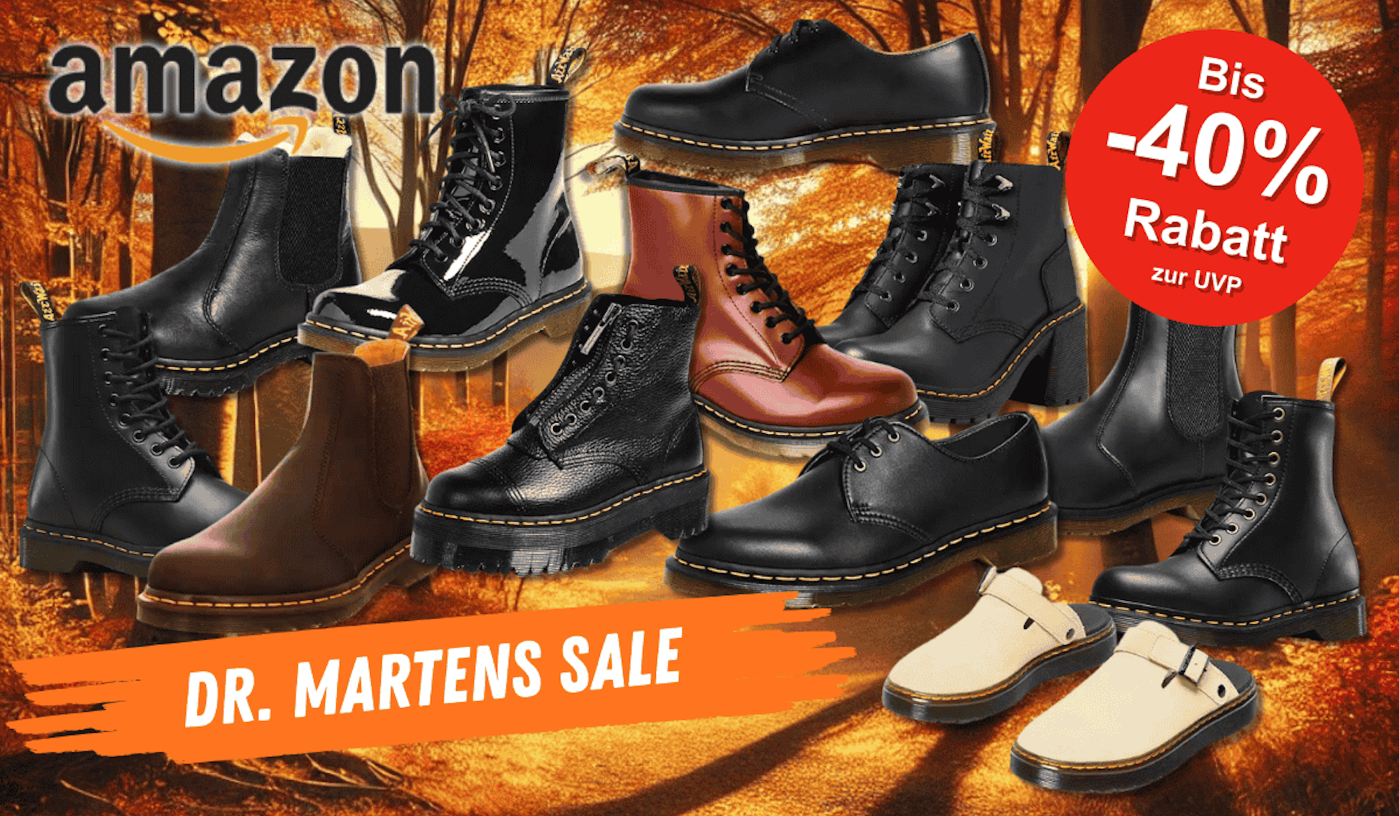 Verschiedenen Modelle der Dr. Marten Boots und Schuhe auf einem orange-goldenen Waldhintergrund.