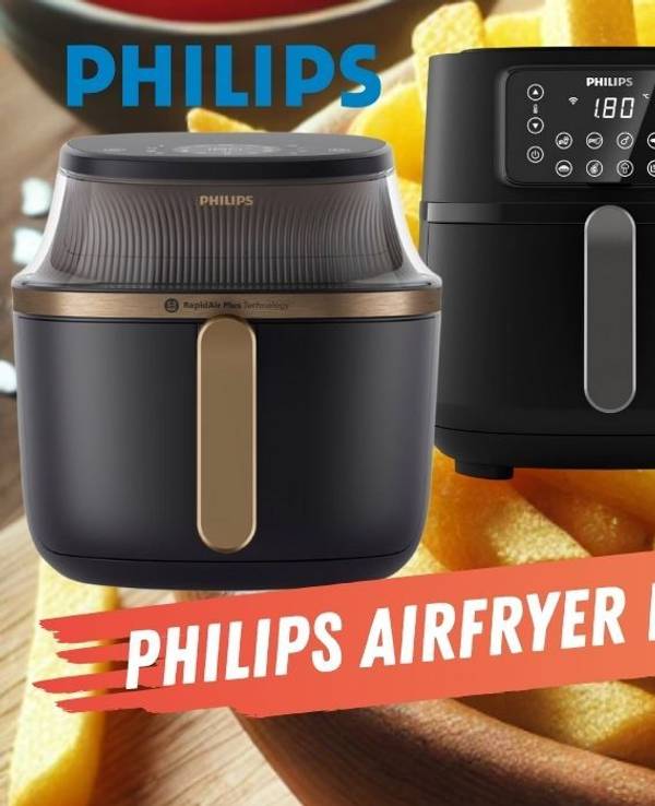 Philips Airfryer L 3000 Serie NA322/00, Philips Airfryer XL Essential HD9280/90 und Philips Airfryer 5000 Serie XXL HD9285/90 vor einem Hintergrund mit knusprigen Pommes Frites.