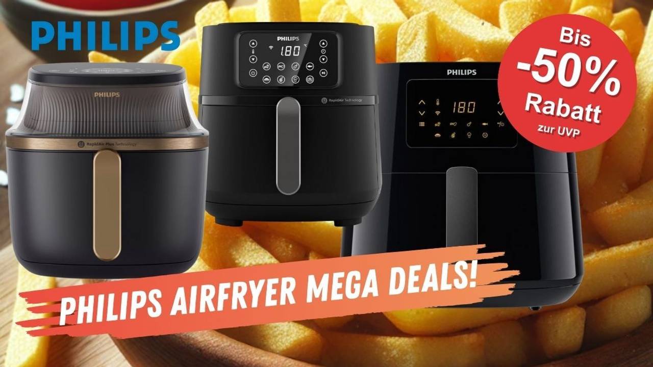Philips Airfryer L 3000 Serie NA322/00, Philips Airfryer XL Essential HD9280/90 und Philips Airfryer 5000 Serie XXL HD9285/90 vor einem Hintergrund mit knusprigen Pommes Frites.