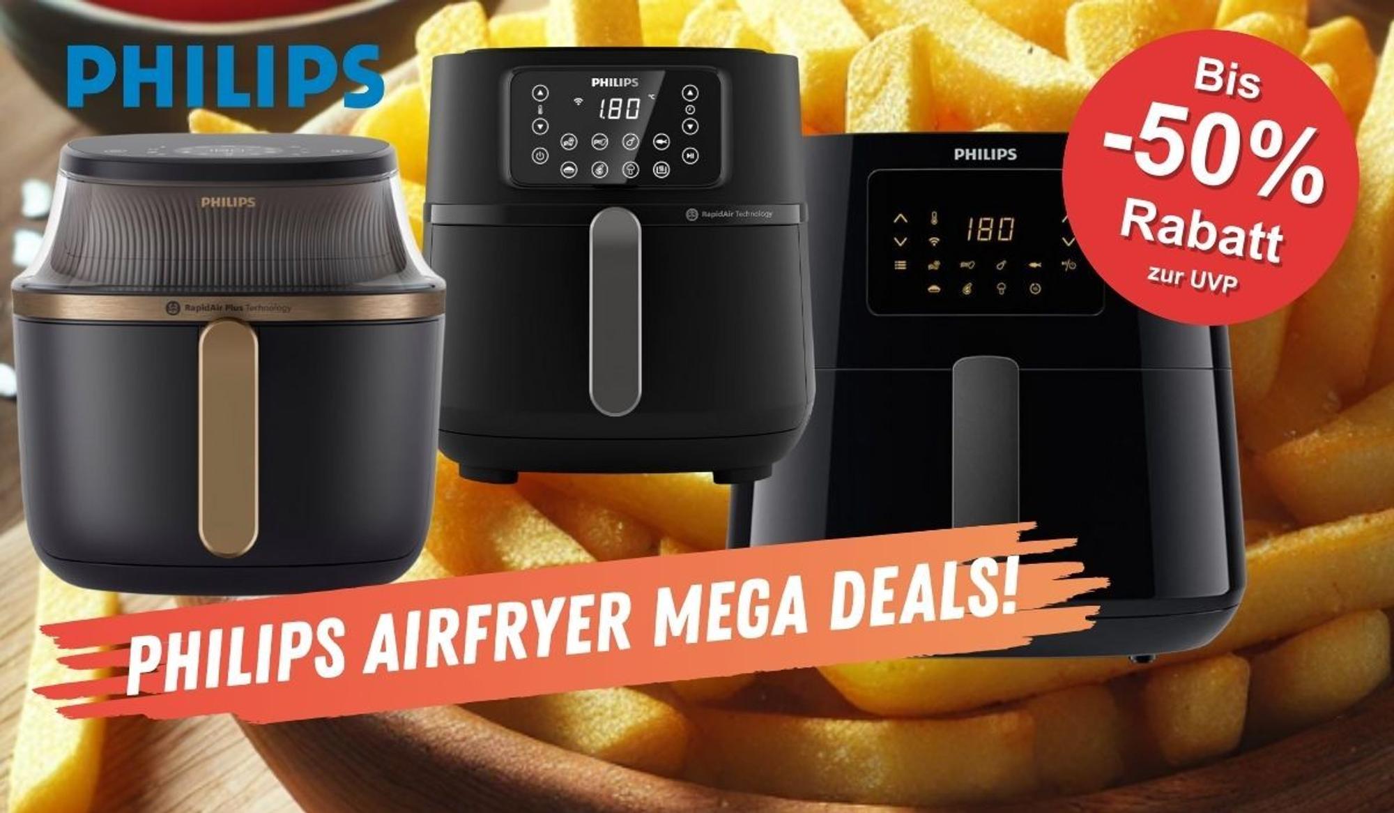 Philips Airfryer L 3000 Serie NA322/00, Philips Airfryer XL Essential HD9280/90 und Philips Airfryer 5000 Serie XXL HD9285/90 vor einem Hintergrund mit knusprigen Pommes Frites.
