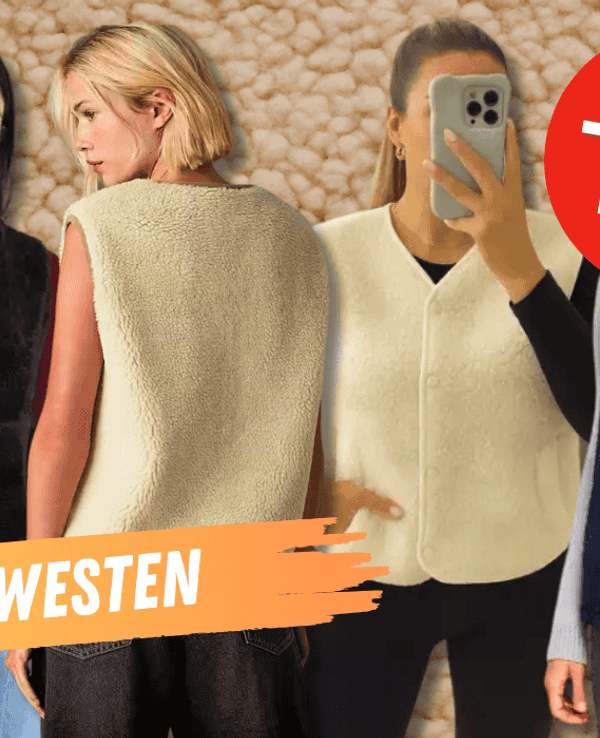 Verschiedene Modelle von Teddy Westen in Beige, Schwarz, Creme und Blau präsentiert vor einem Teddy-Stoff Hintergrund.