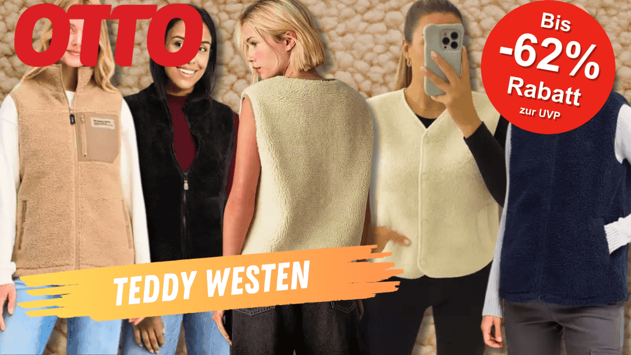 Verschiedene Modelle von Teddy Westen in Beige, Schwarz, Creme und Blau präsentiert vor einem Teddy-Stoff Hintergrund.