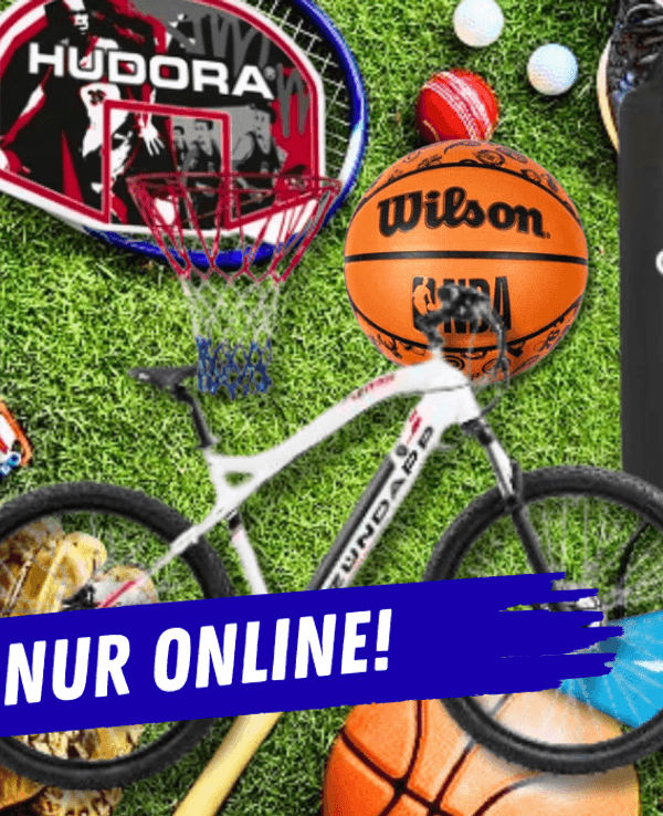 Lidl Sport & Freizeit Sale – bis zu 55% Rabatt plus 20% Extra mit Code SPORT20. Abgebildet: Fahrrad, Basketball, Boxsack, Rucksack, Yoga-Matte, Volleyball und mehr Sportartikel. Hinweis: Nur online im Lidl Onlineshop erhältlich.