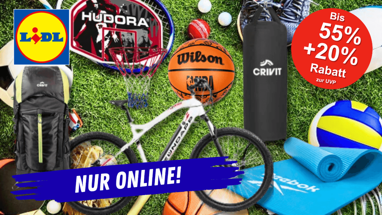 Lidl Sport & Freizeit Sale – bis zu 55% Rabatt plus 20% Extra mit Code SPORT20. Abgebildet: Fahrrad, Basketball, Boxsack, Rucksack, Yoga-Matte, Volleyball und mehr Sportartikel. Hinweis: Nur online im Lidl Onlineshop erhältlich.