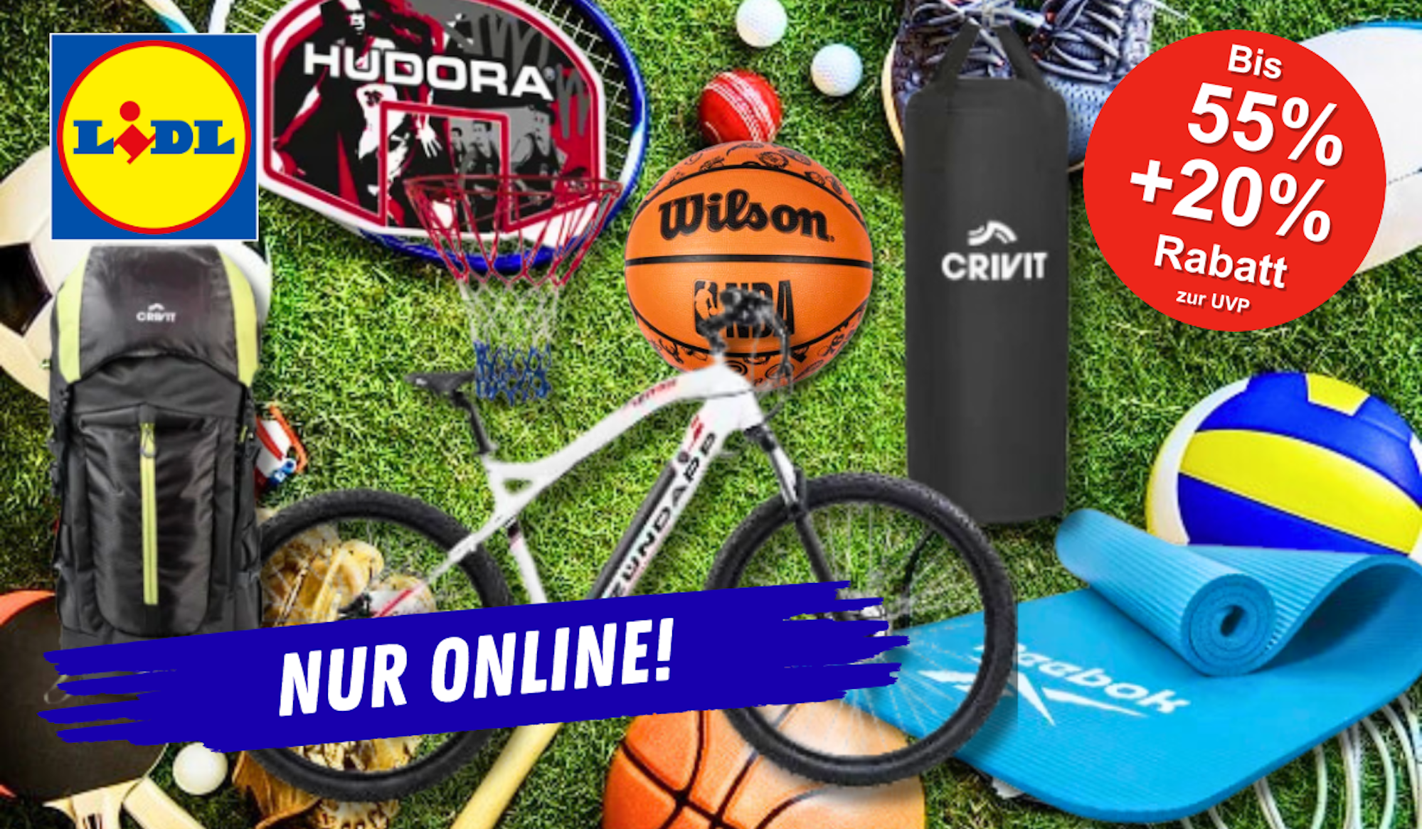 Lidl Sport & Freizeit Sale – bis zu 55% Rabatt plus 20% Extra mit Code SPORT20. Abgebildet: Fahrrad, Basketball, Boxsack, Rucksack, Yoga-Matte, Volleyball und mehr Sportartikel. Hinweis: Nur online im Lidl Onlineshop erhältlich.