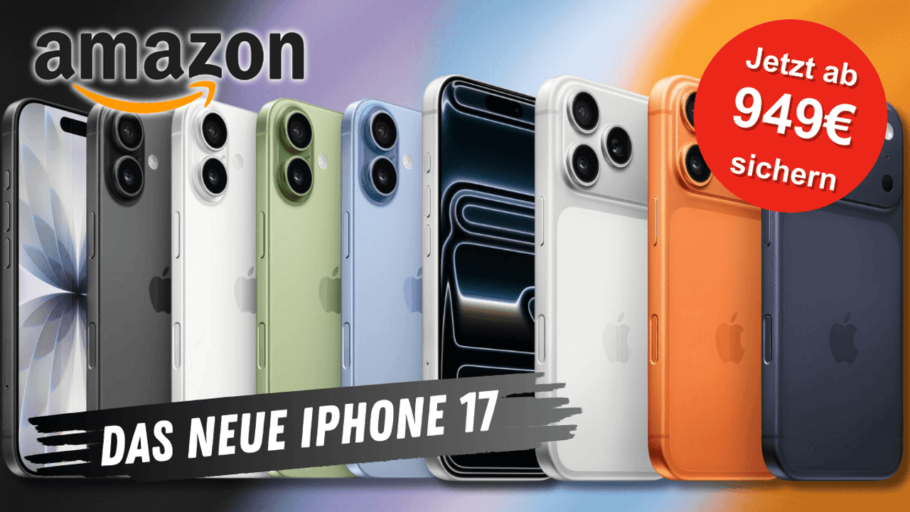 Mehrere iPhone 17 Modelle in verschiedenen Farben (Schwarz, Weiß, Grün, Blau, Silber, Orange und Dunkelblau) nebeneinander vor einem bunten Hintergrund.